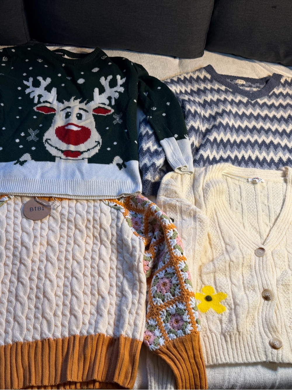 BiBi Cream Cable Cardigan with Yellow Flower Accent